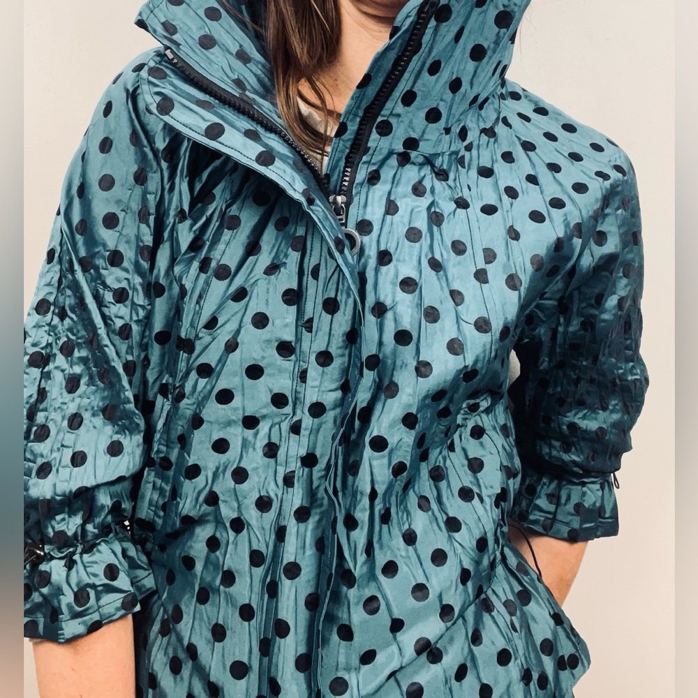 Windbreaker, Funnel Neck, Teal & Black Polka-Dot Jacket – Size S
